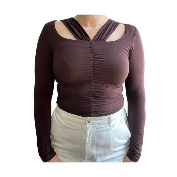 Bebe Y2K Chocolate Brown Ruched Cutout Long Sleeve Top Women’s Medium - Picture 6 of 6